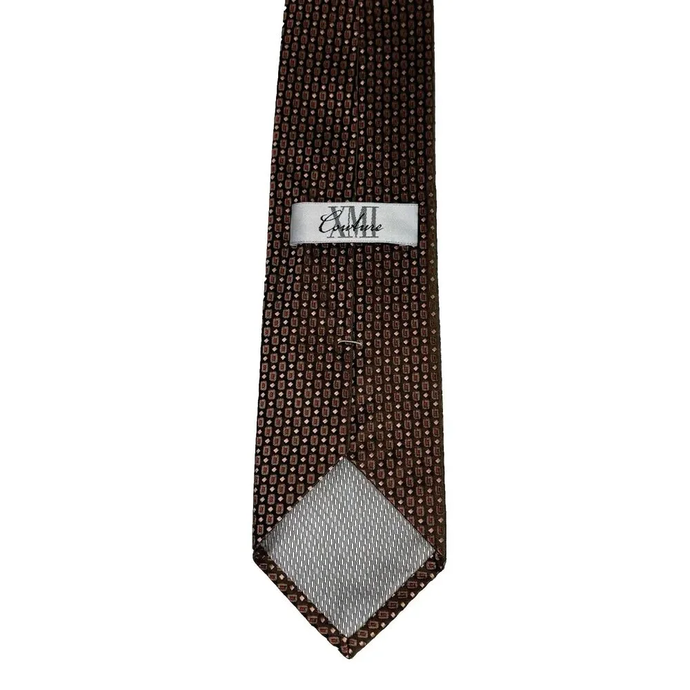 XMI COUTURE Men's Silk Tie Dark Brown Green Red Peach Geometric Texture 59